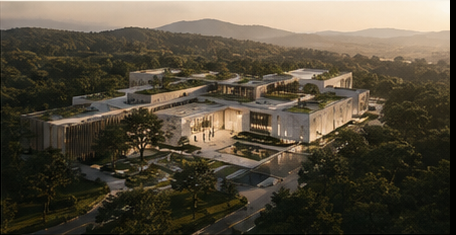 Aerial rendering of the museum and sculpture garden in a wooded landscape
