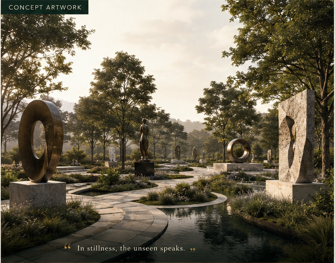 Concept artwork of The Silent Oracle Sculpture Garden with monumental sculptures, paths, planting, and water