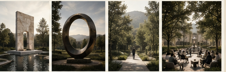 Four exhibition concepts showing sculptures, pathways, and gathering spaces
